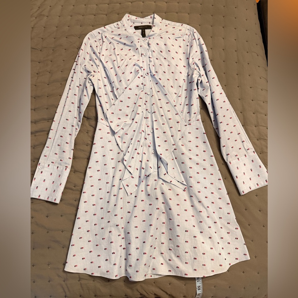 BCBGMaxAzria Light Blue Long Sleeve Tie-Front Dress with embroidered details